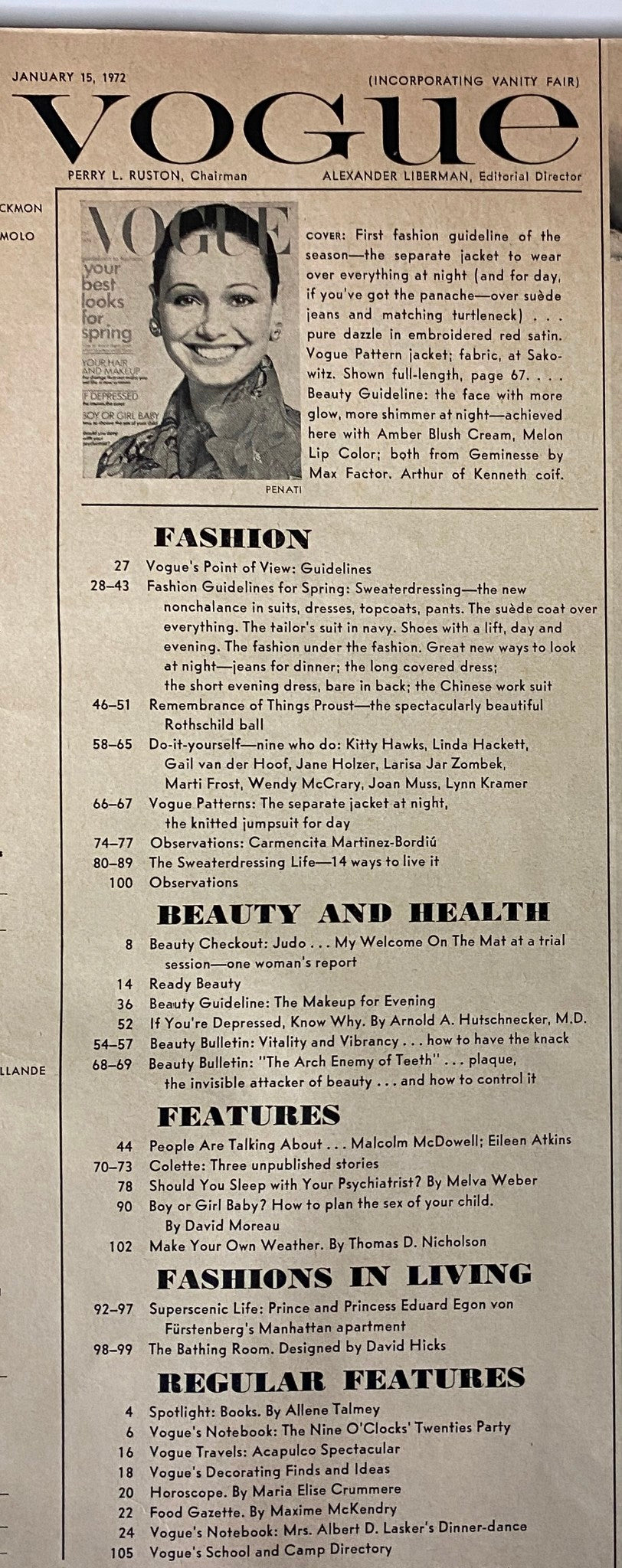 Interior page of Vogue Magazine January 15, 1972 Lynn Woodruff, featuring the table of contents with a focus on the Fashion and Beauty sections.