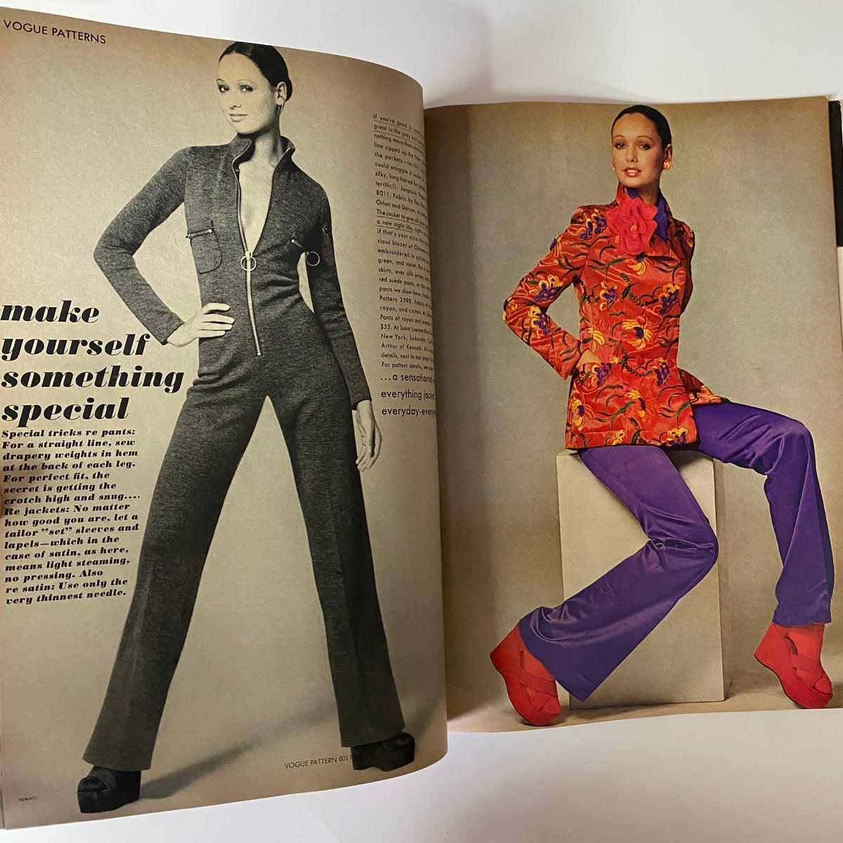Fashion spread from Vogue Magazine January 15, 1972 featuring a model in stylish jumpsuit and colorful jacket ensemble, emphasizing the trend of stylish patterns and jumpsuit fashion.