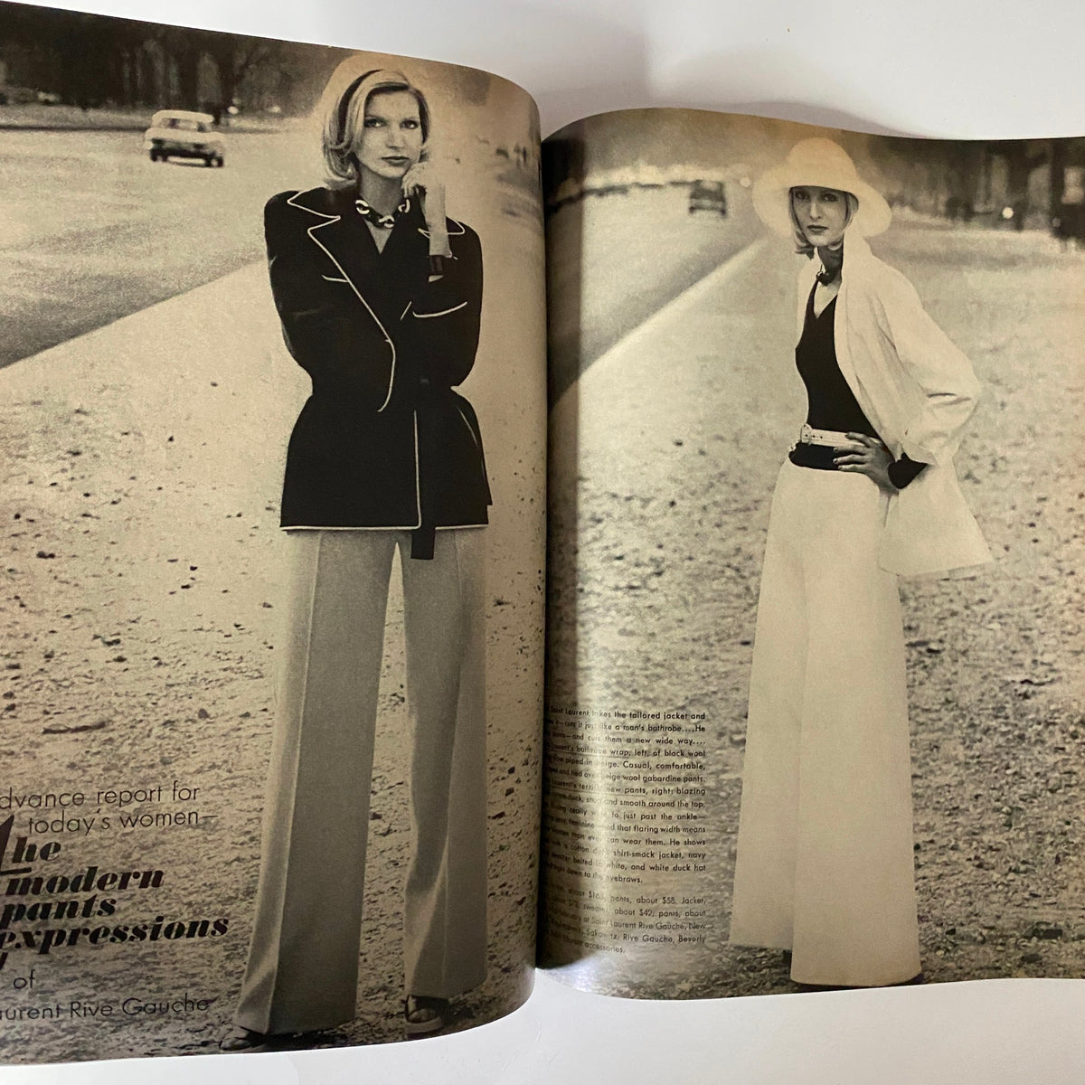 Vogue Magazine January 1, 1972 Lauren Hutton Cover GD Interior illustrating modern women's fashion, with a model wearing tailored wide-leg pants and a chic blazer on a fashionable outdoor setting.