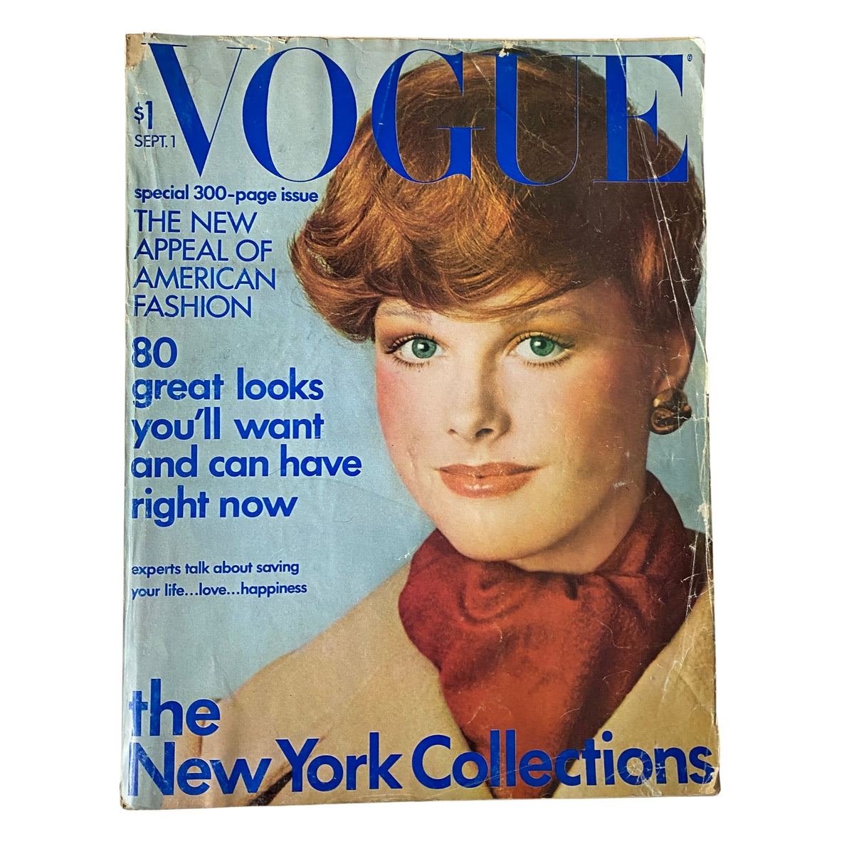 Cover of Vogue Magazine from September 1, 1971, featuring Patricia Dow. The cover highlights 'The New Appeal of American Fashion' with vibrant colors and elegant layout, showcasing a stylish model wearing a red scarf and promotional text about fashion trends.