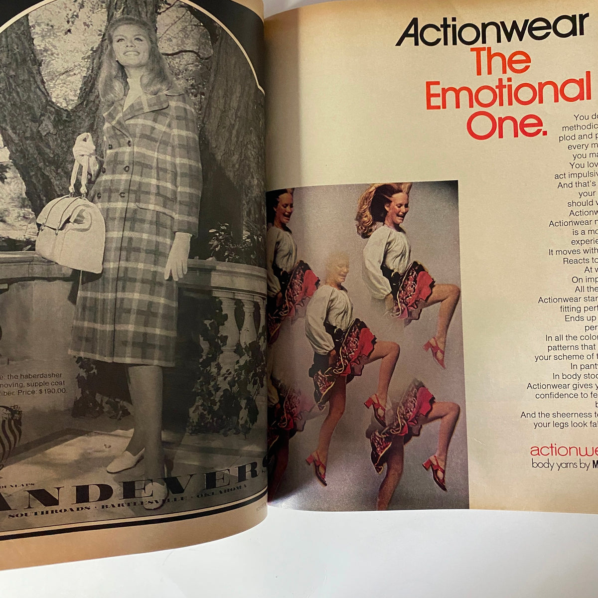 Vogue Magazine September 1, 1971 fashion spread featuring a model in a stylish plaid outfit, promoting trends of the season and Actionwear concept.