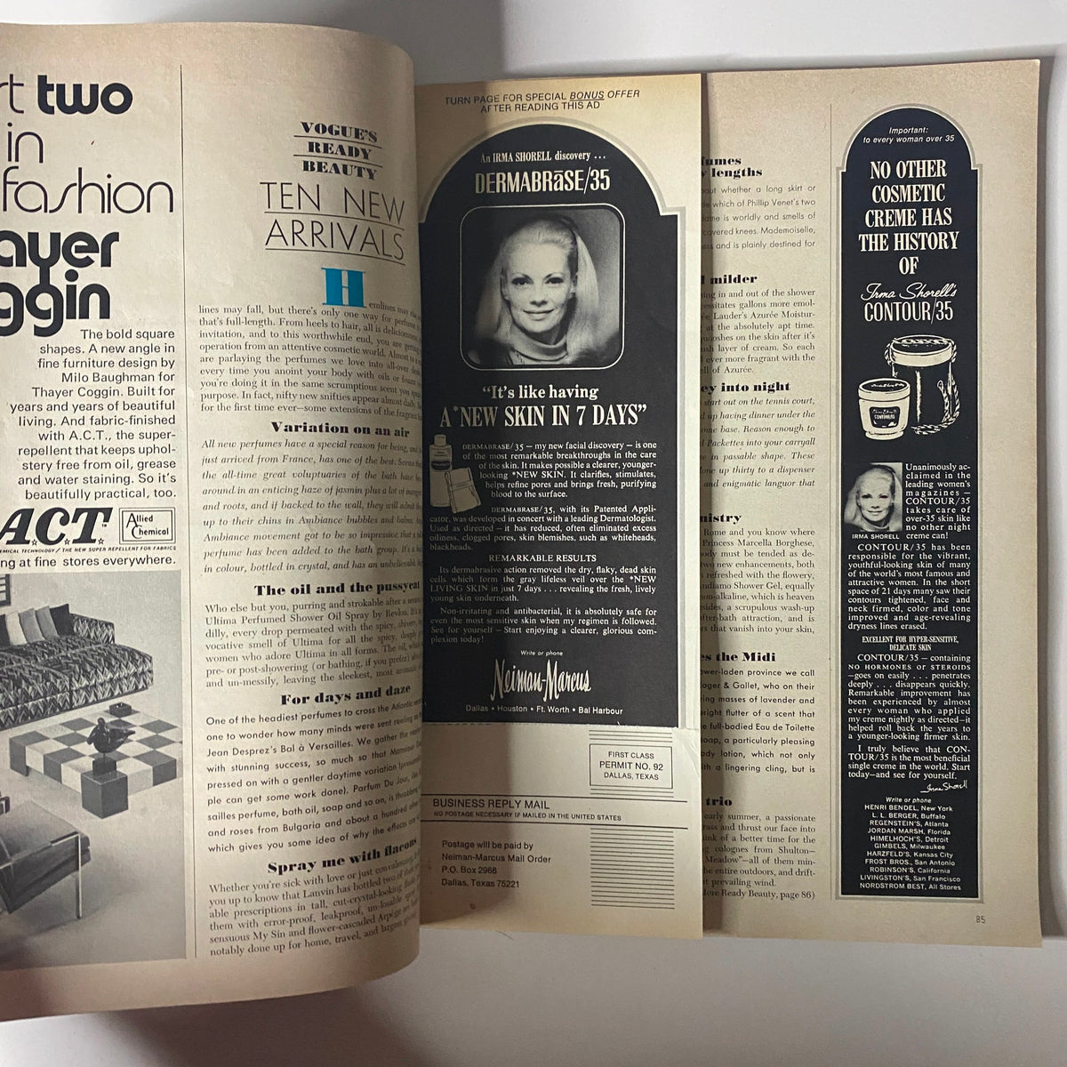 An advertisement page from Vogue Magazine May 1971 featuring beauty products, including a skincare promotion with a model demonstrating the effects.