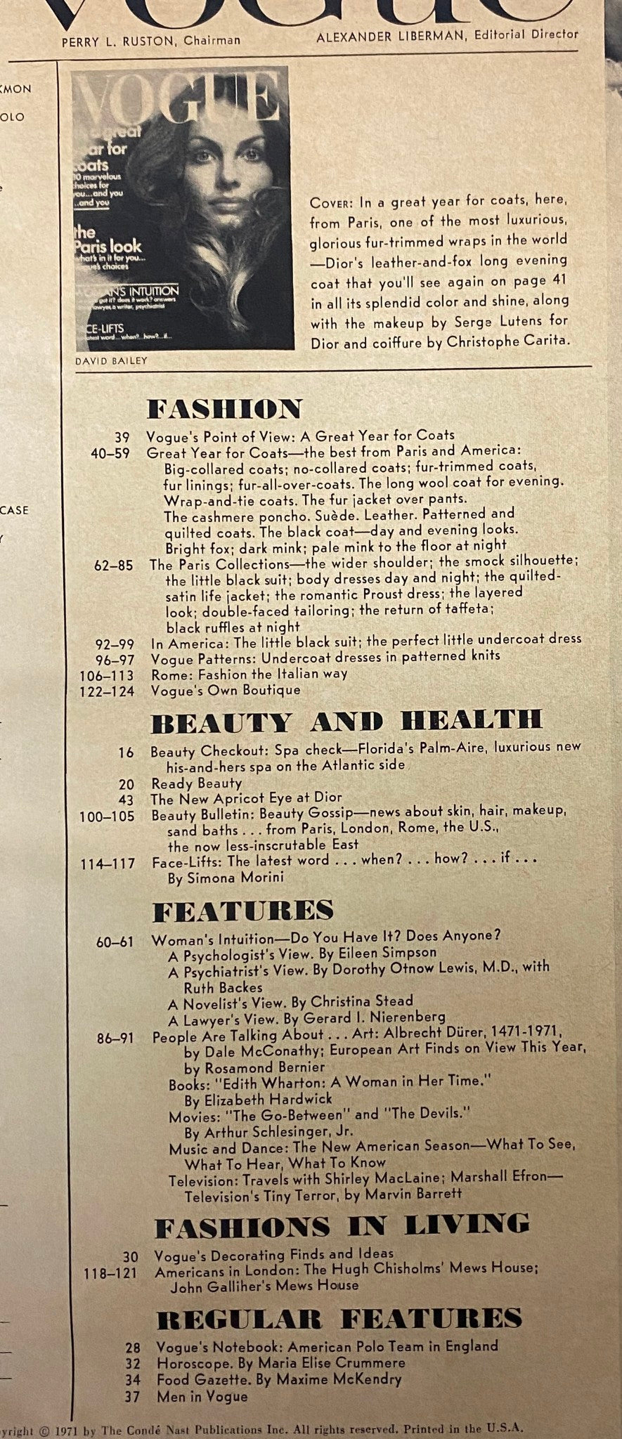 Table of contents page from Vogue Magazine September 15, 1971, listing articles on fashion, beauty, and health including 'Woman’s Intuition' and 'Face-Lifts'.
