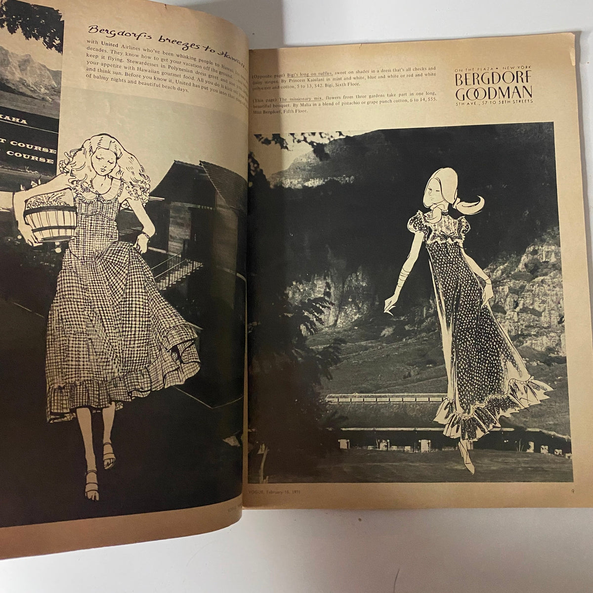 Vogue Magazine February 15, 1971 Susan Forristal Cover No Label, showcasing an illustration of two models in stylish dresses promoting Bergdorf Goodman amidst a scenic backdrop.