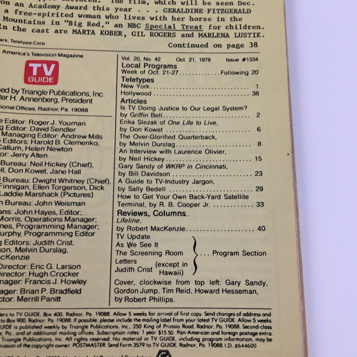 Back cover of TV Guide Magazine from October 21, 1978, detailing contents and advertisements including articles about television shows, specifically WKRP in Cincinnati, and a nostalgic look at the culture of the era.