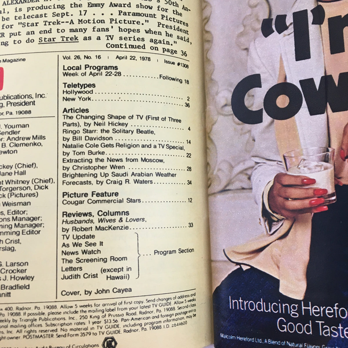 Interior page of TV Guide Magazine April 22 1978 featuring articles and features on changing television, showcasing advertising and program listings from the era.
