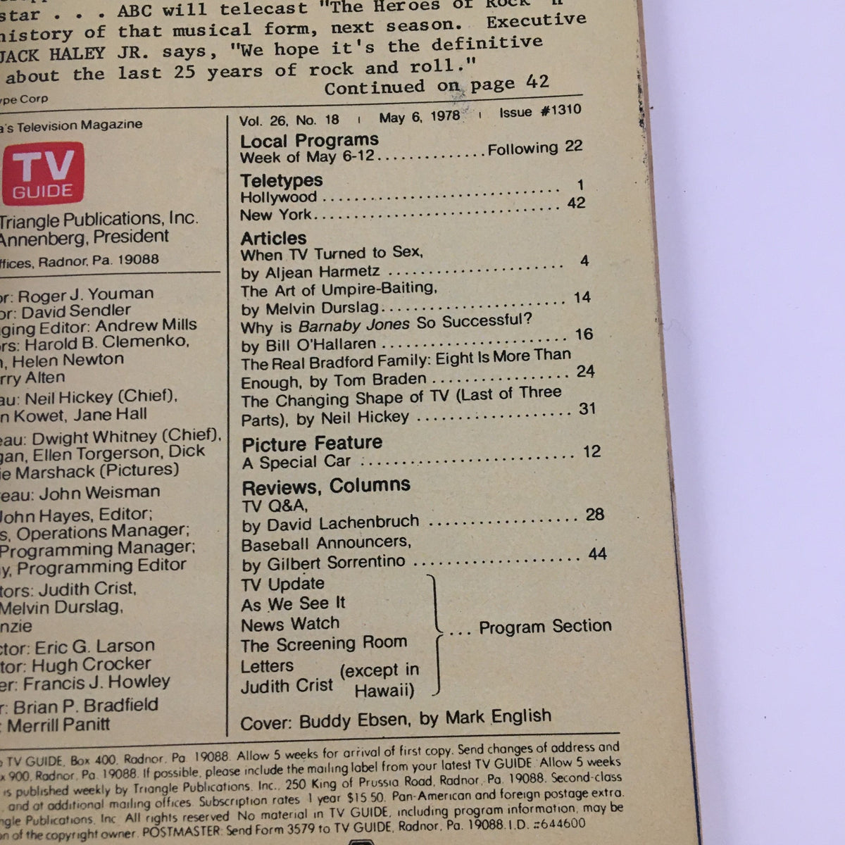 Inside page of TV Guide Magazine, May 6, 1978, detailing the table of contents. This page includes articles and features related to television programming during the late 1970s, emphasizing the magazine's role in documenting TV culture.