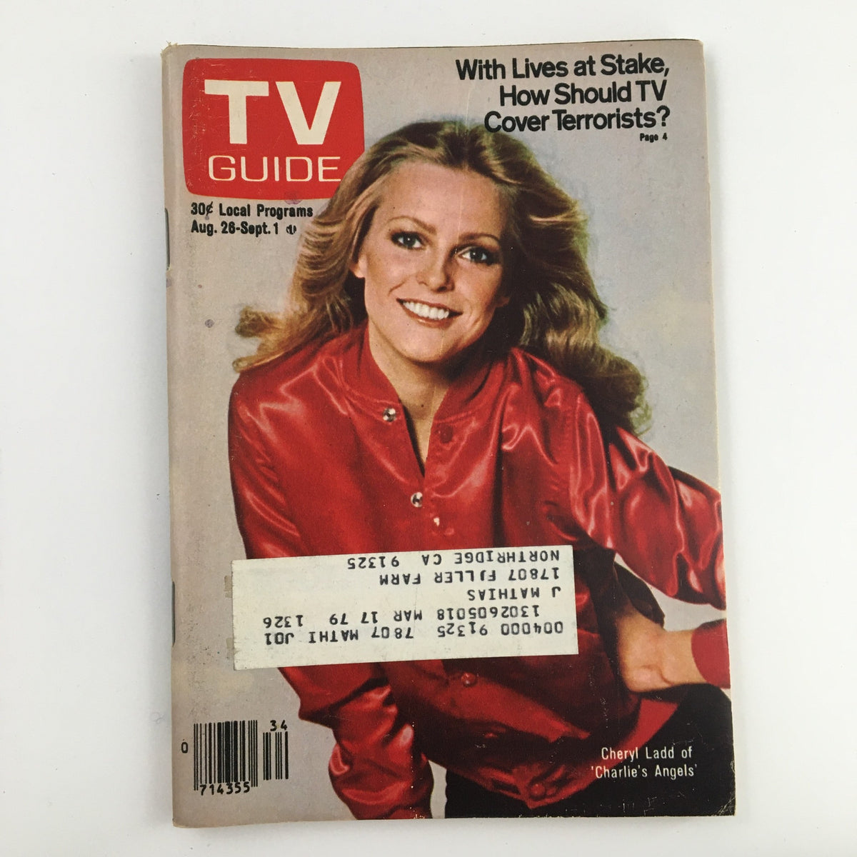 TV Guide Magazine August 26 1978 featuring Cheryl Ladd on the cover as seen in her role in Charlie's Angels, showcasing a vintage design and bright red jacket.