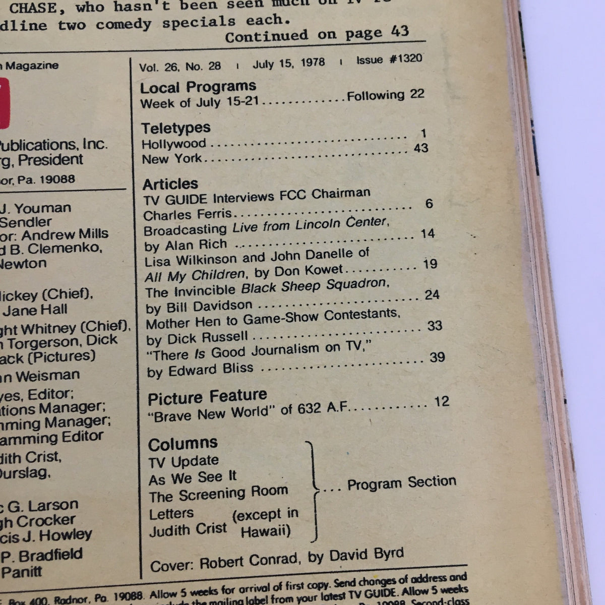 Table of contents from TV Guide Magazine July 15 1978, showcasing articles and features including an interview with FCC Chairman Charles Ferris.