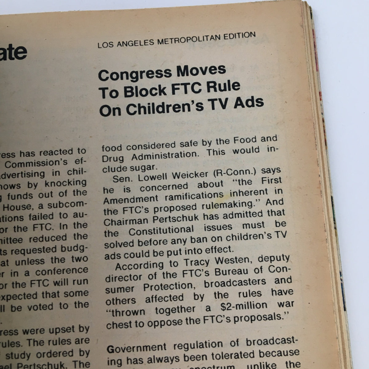 Close-up of an article in the Los Angeles Metropolitan Edition of TV Guide Magazine July 15 1978 discussing Congress's moves to block FTC rules on children's TV ads.