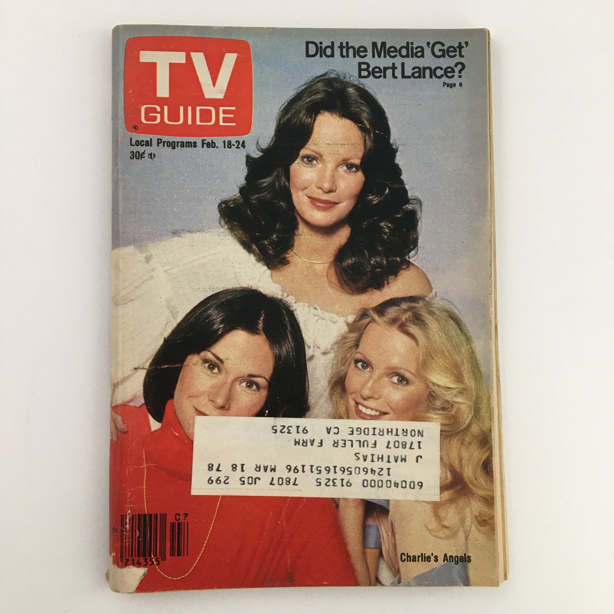 TV Guide Magazine cover from February 18, 1978 featuring cast members of Charlie's Angels. The magazine discusses media coverage of Bert Lance, with a focus on the popular TV series. Cover shows the three main actresses in attractive hairstyles, showcasing vintage style and graphics.