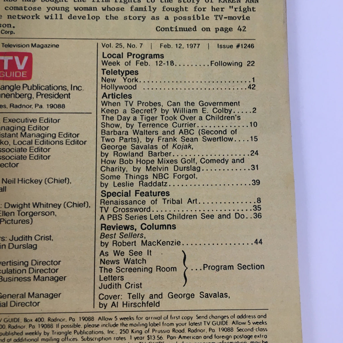 Inside page of TV Guide Magazine February 12, 1977, detailing local programs and articles, including mentions of Telly and George Savalas.