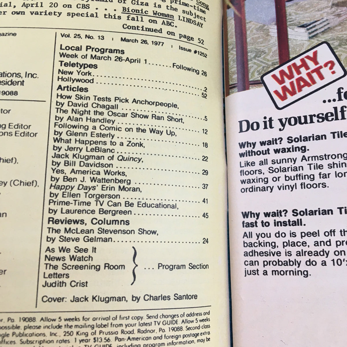 Inside page of TV Guide Magazine March 26, 1977, displaying the table of contents, including articles about Jack Klugman of 'Quincy' and local programming details.