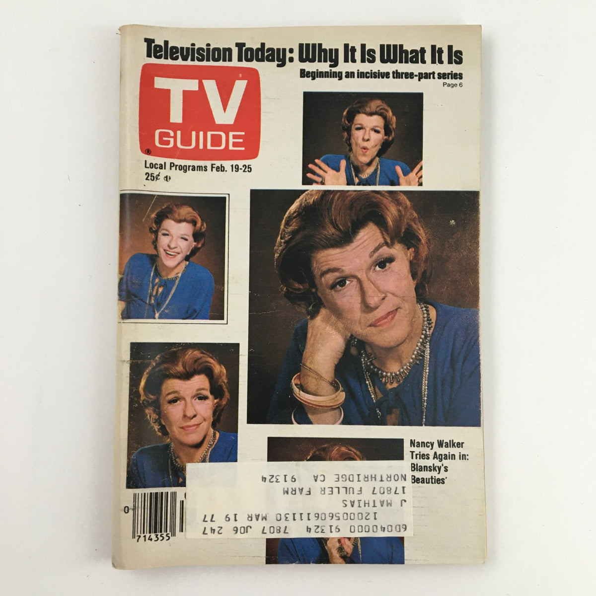 Cover image of TV Guide Magazine from February 19, 1977 featuring Nancy Walker, showcasing her on the magazine cover with various portraits and text highlighting her return to television.