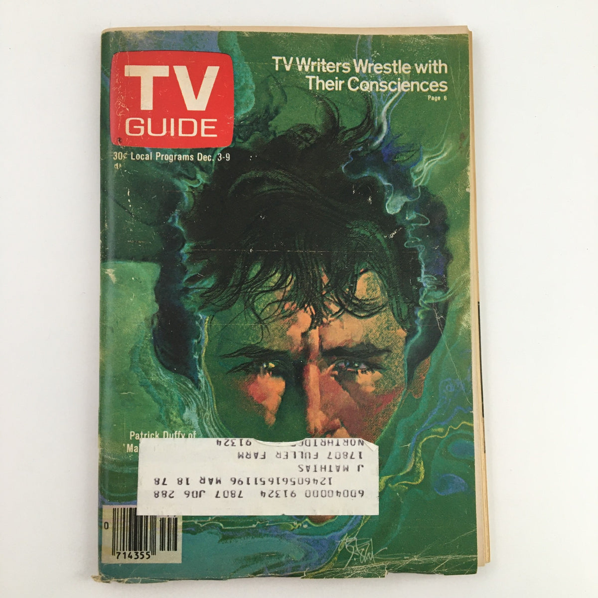 Cover of TV Guide Magazine December 3, 1977 featuring Patrick Duffy from Man from Atlantis, Los Angeles Edition. The cover showcases vibrant artwork and includes the text 'TV Writers Wrestle with Their Consciences.'