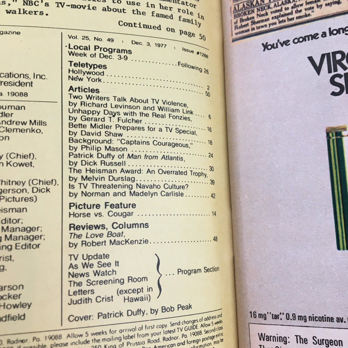Interior page of TV Guide Magazine December 3, 1977, listing articles and local programs including Patrick Duffy of Man from Atlantis. This historic page highlights popular TV shows and features a glimpse into late 1970s television culture.