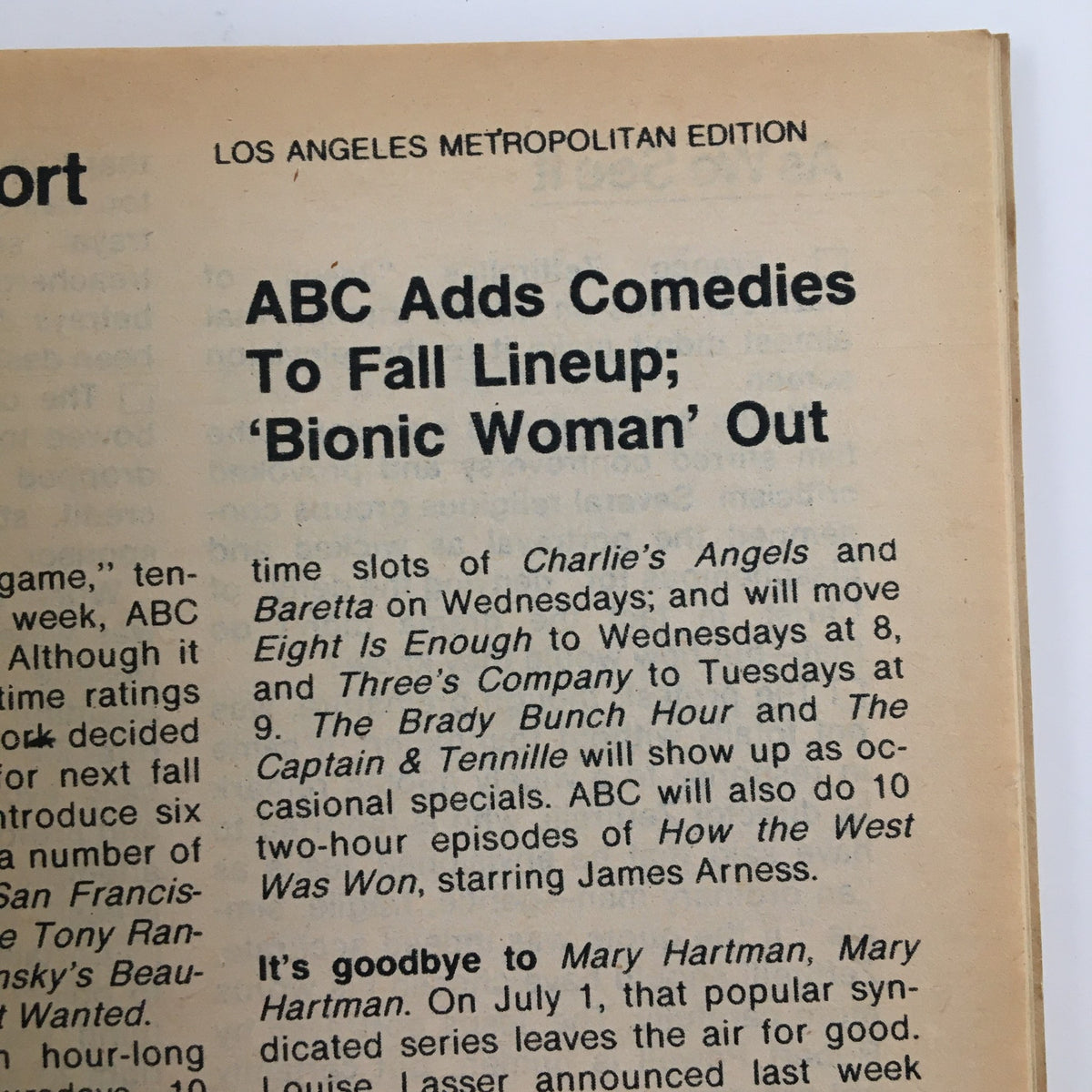 TV Guide Magazine May 7 1977 L.A. Edition highlighting a feature on ABC's fall lineup, discussing the addition of new comedies and the cancellation of 'Bionic Woman', relevant to the era's television history.
