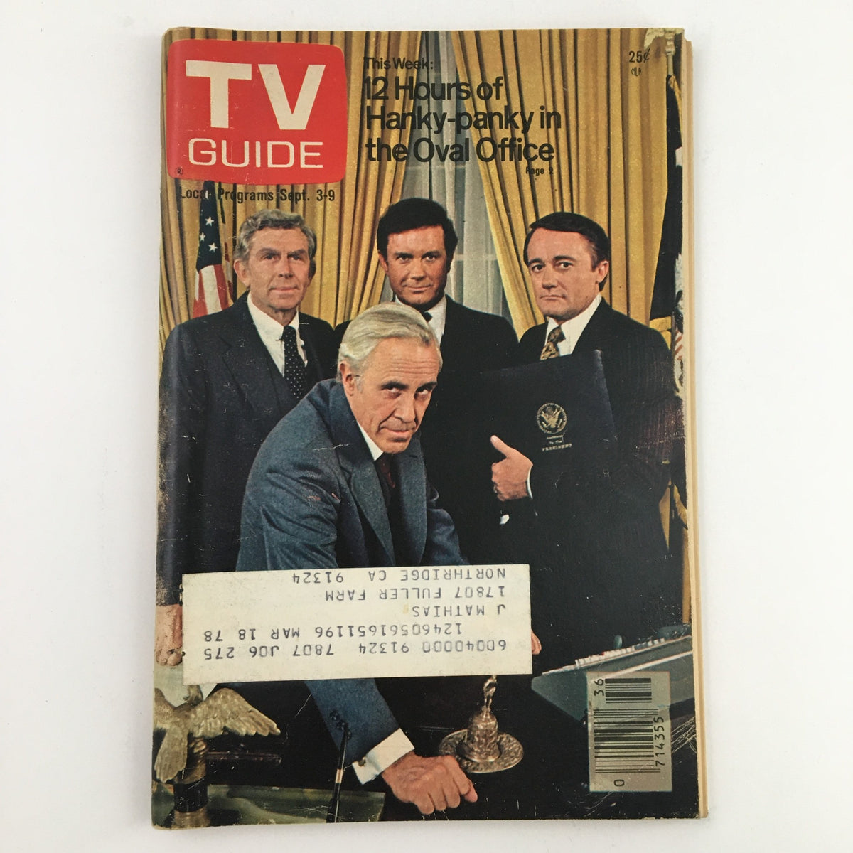 Front cover of TV Guide Magazine September 3, 1977 featuring Andy Griffith in the Oval Office, highlighting television history and pop culture.