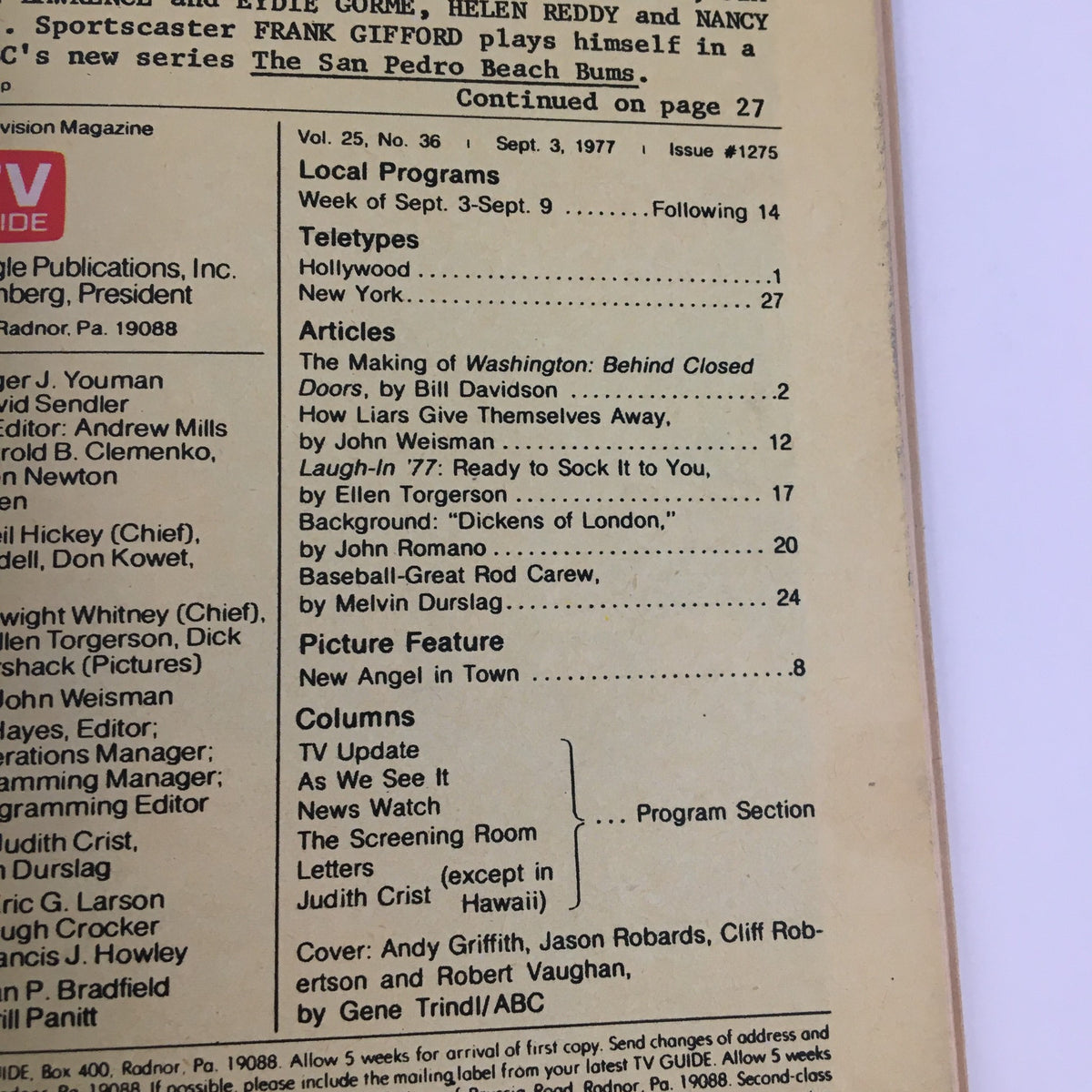 Inside page of TV Guide Magazine September 3, 1977 displaying article titles including coverage of Andy Griffith and popular television shows from the late 1970s.