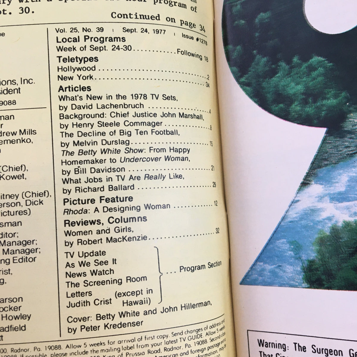 Table of contents from the TV Guide Magazine September 24, 1977, listing articles and features including detailed insights into the TV shows and programs of that era.