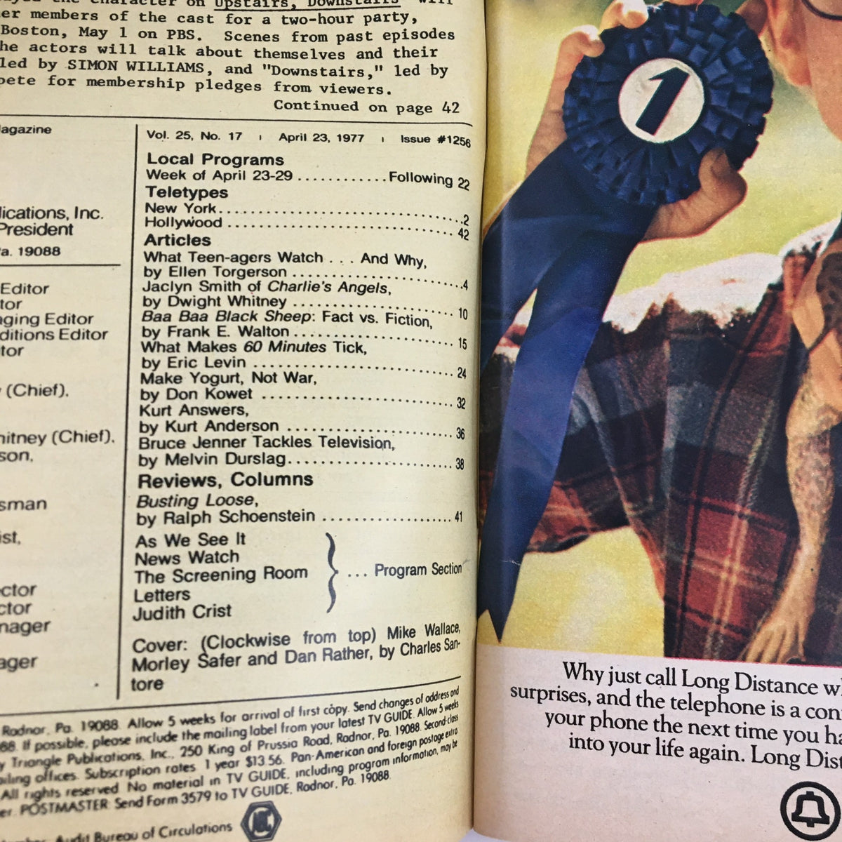 Inside page of TV Guide Magazine April 23 1977 listing articles including 'What Teen-agers Watch - And Why', featuring Mike Wallace, Morley Safer, and Dan Rather.