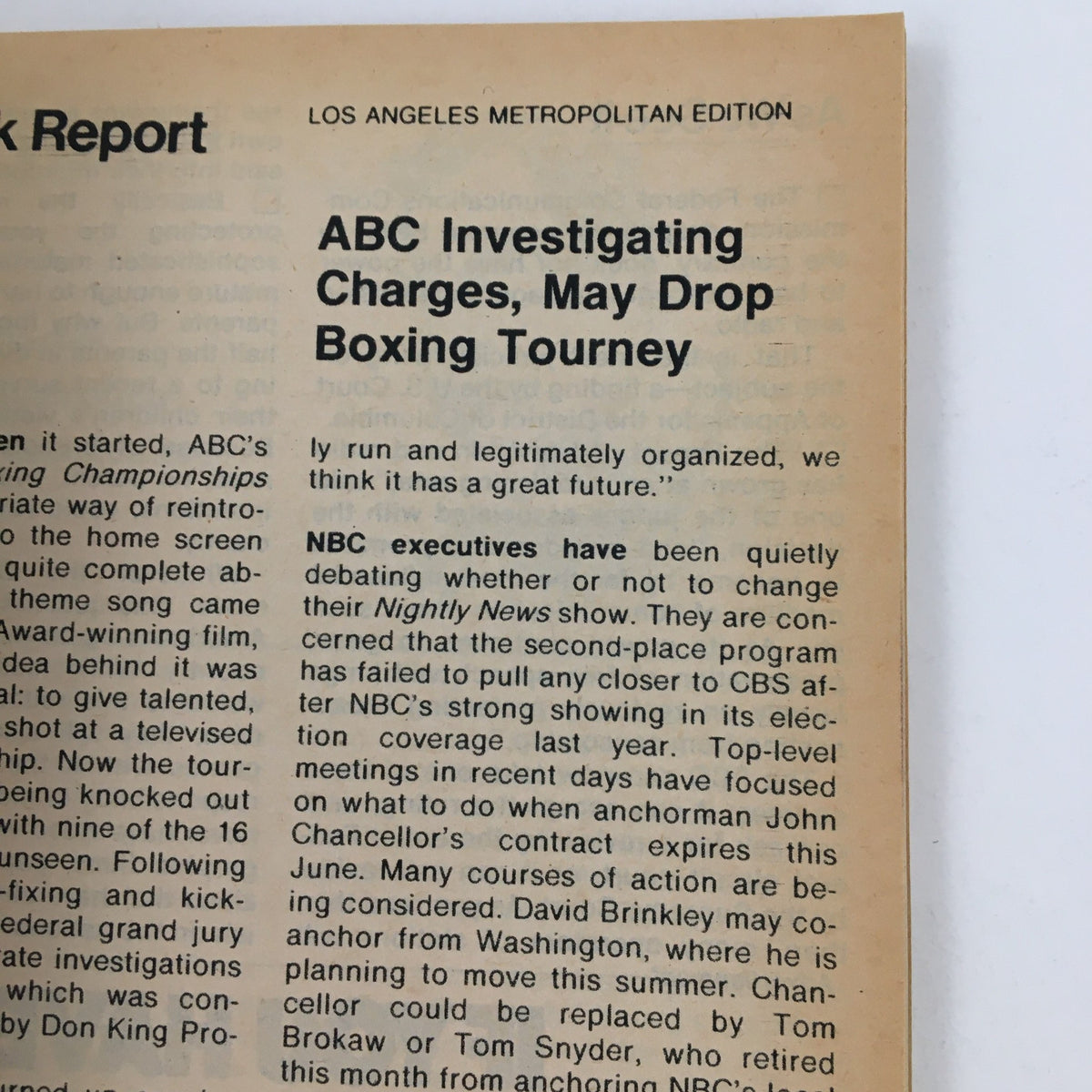 News report from TV Guide Magazine April 23 1977 discussing ABC's investigation into boxing charges, relevant to the media landscape of the time.