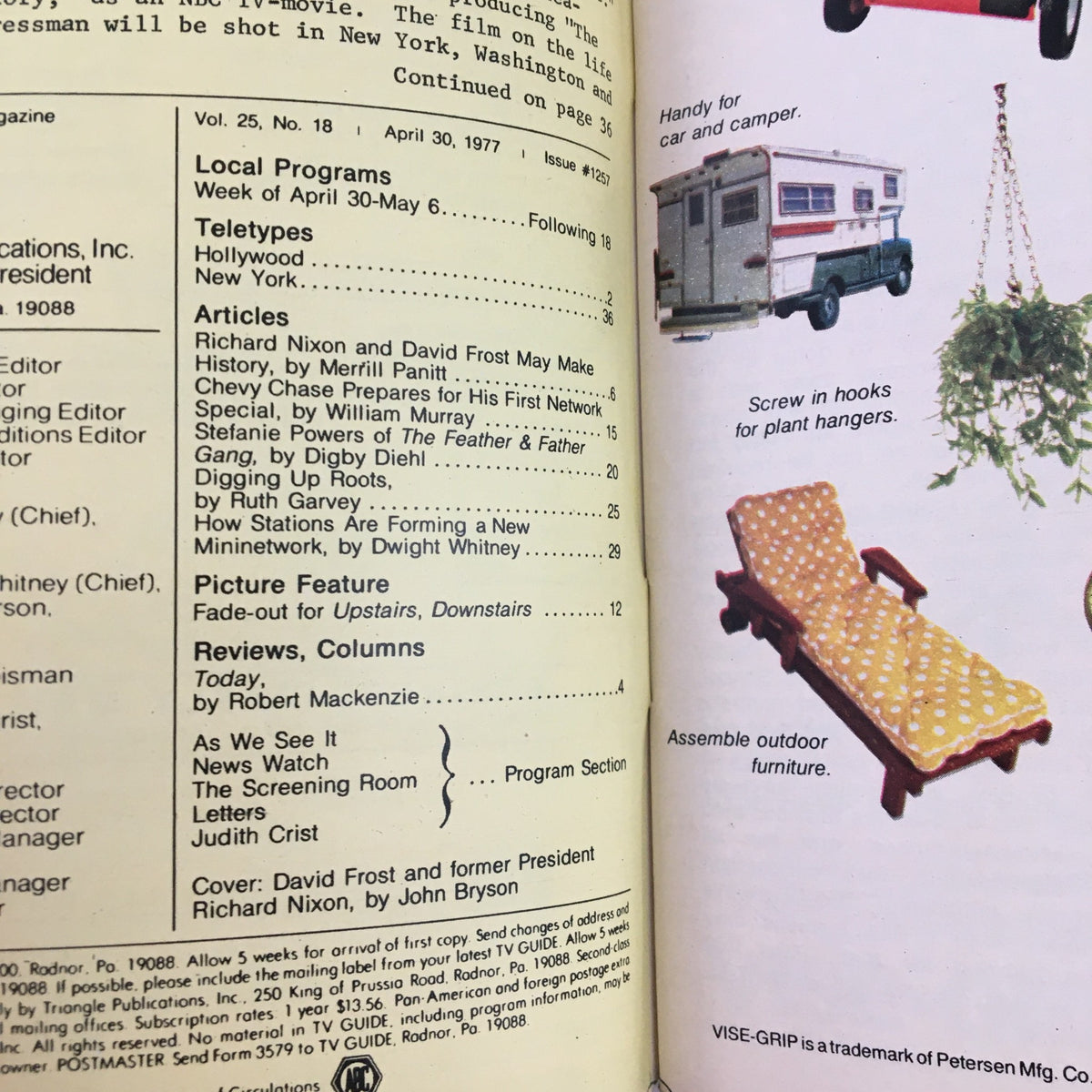 Inside page of TV Guide Magazine April 30 1977 listing articles including the interview between Richard Nixon and David Frost, showcasing historical television content.