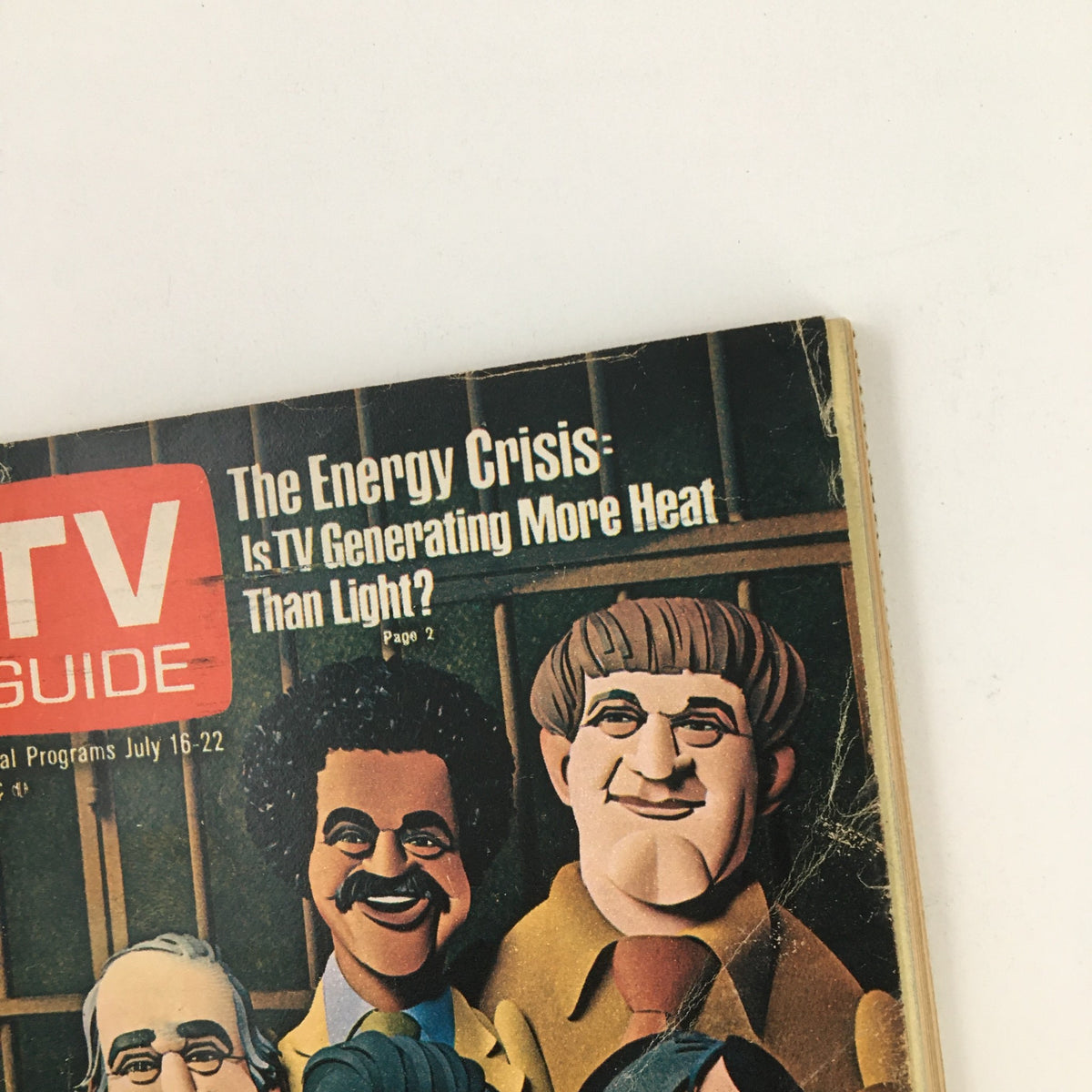Close-up view of the cover of TV Guide Magazine July 16 1977, displaying the title and an illustration of the cast of Barney Miller, along with the question regarding the energy crisis, indicating the magazine's focus on television during that era.