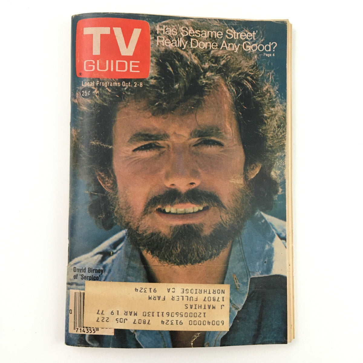 Cover of TV Guide Magazine October 2 1976 featuring David Birney of Serpico with an address label, showcasing vintage television history.
