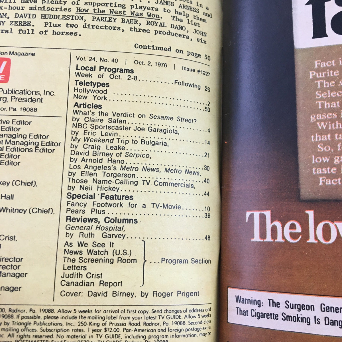 Table of contents from TV Guide Magazine October 2 1976, highlighting articles including David Birney of Serpico, offering insights into 1970s television.