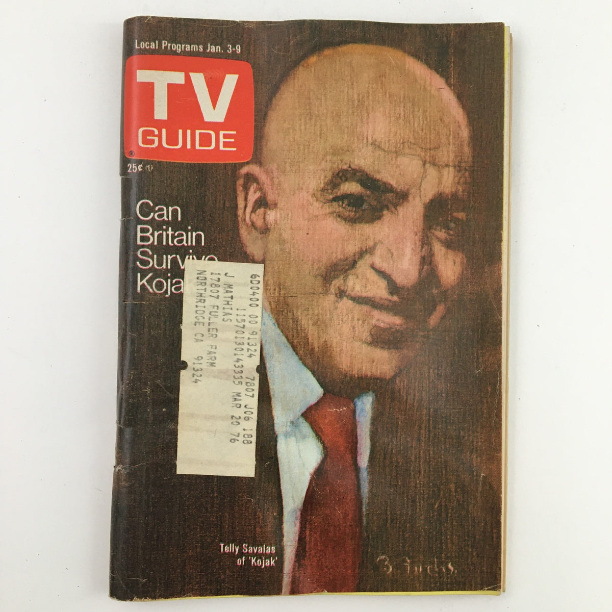 TV Guide Magazine cover from January 3, 1976 featuring Telly Savalas of Kojak series, with local programs listing and the magazine's branding prominently displayed.