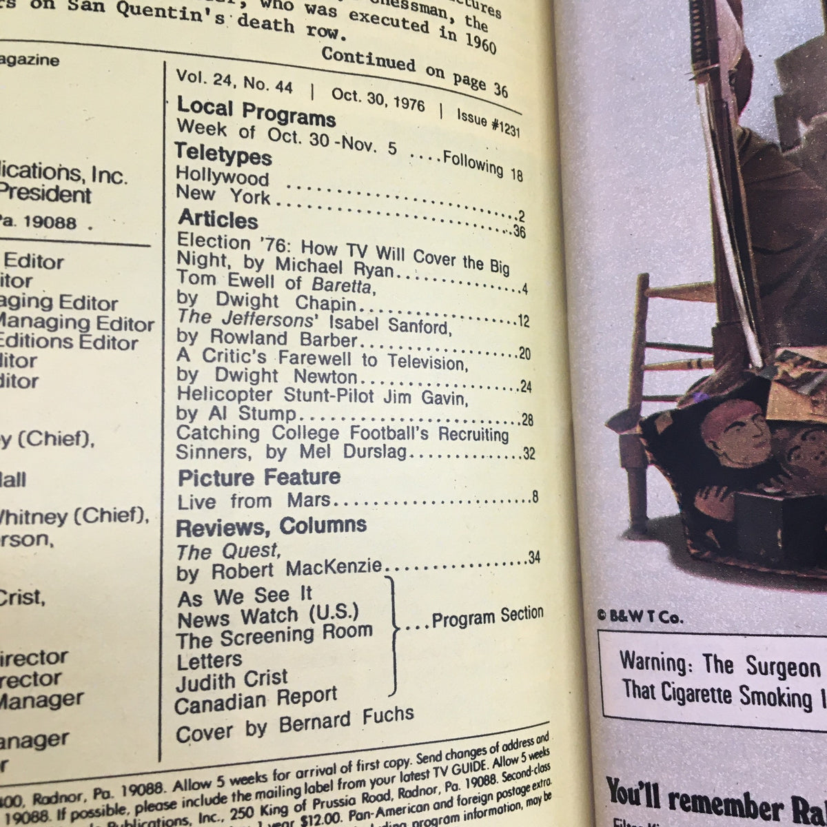 Inside page of TV Guide Magazine, October 30, 1976, listing articles including 'Election '76: How TV Will Cover the Big Night' and features from popular shows, providing insight into television's impact during the 1970s.