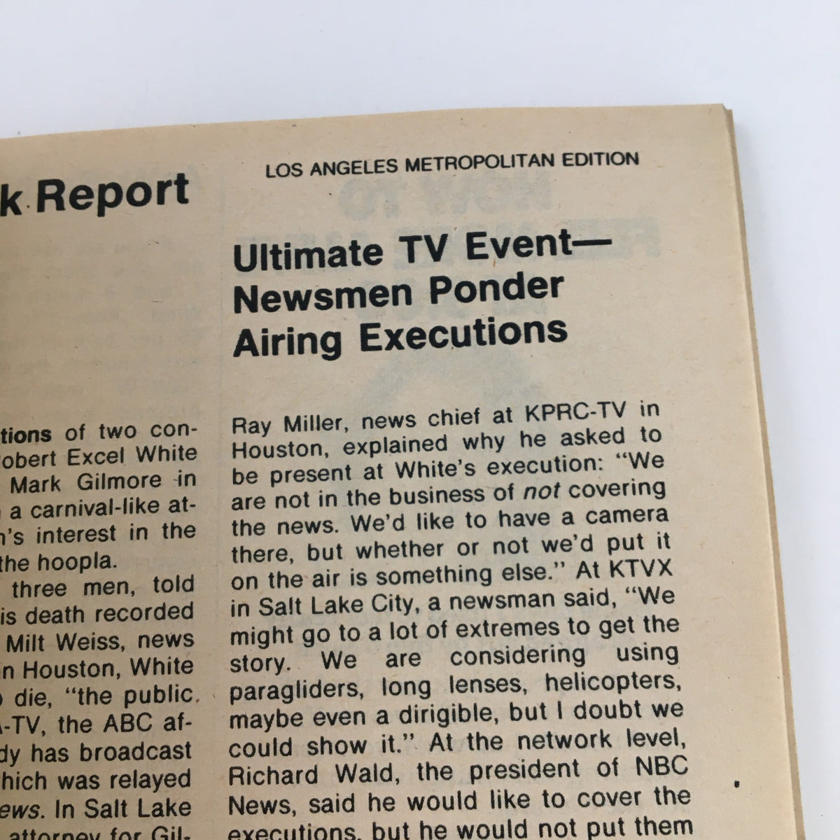 Page from TV Guide Magazine December 4, 1976 detailing an article titled 'Ultimate TV Event—Newsmen Ponder Airing Executions,' reflecting on the changing nature of television journalism.