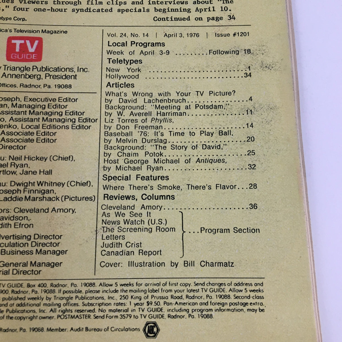 Inside page of TV Guide Magazine April 3 1976 showcasing local programs and feature articles including a special segment on baseball.