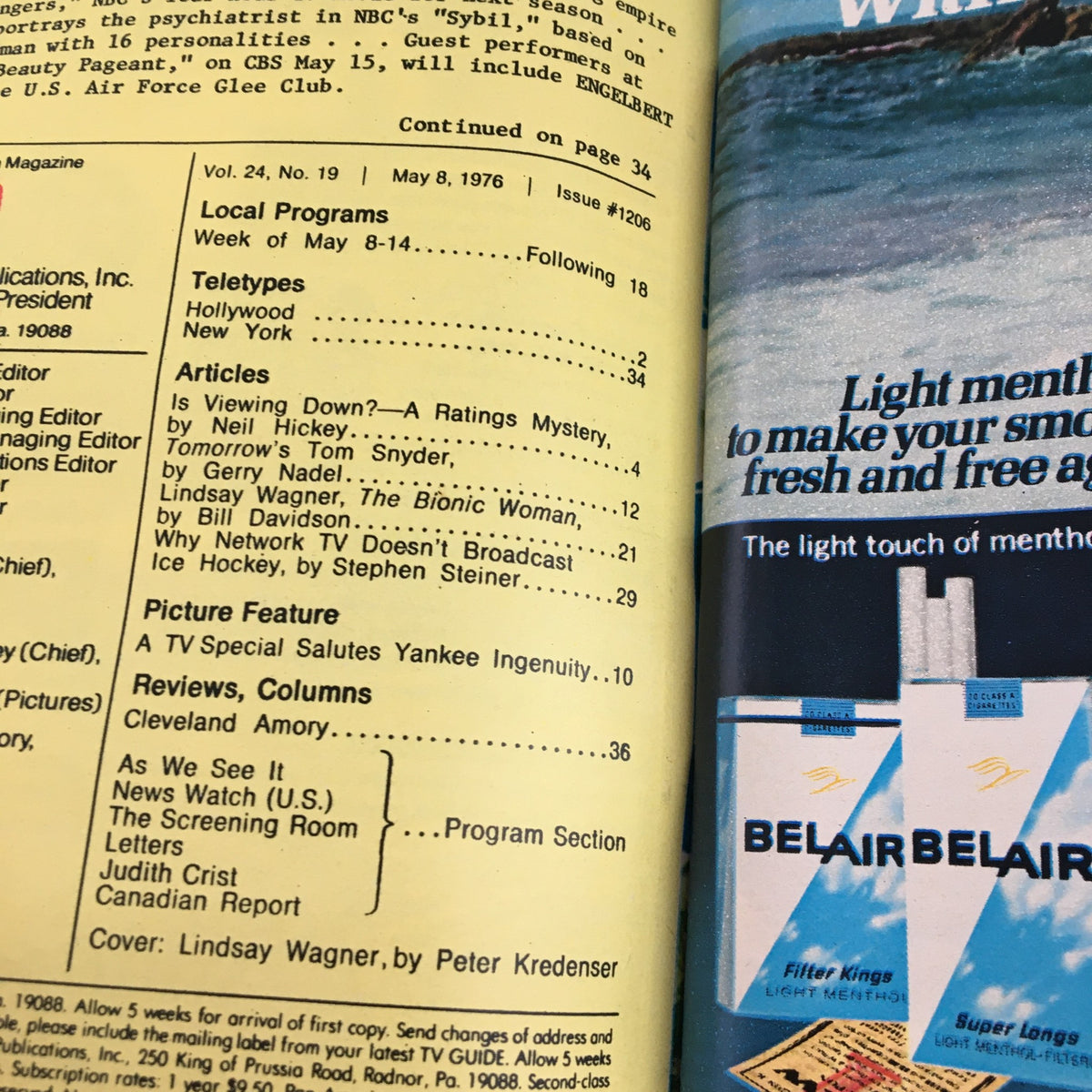 Inside page of TV Guide Magazine from May 8, 1976 featuring an article titled 'Lindsay Wagner, The Bionic Woman' with detailed listings of local programs and articles from the era.