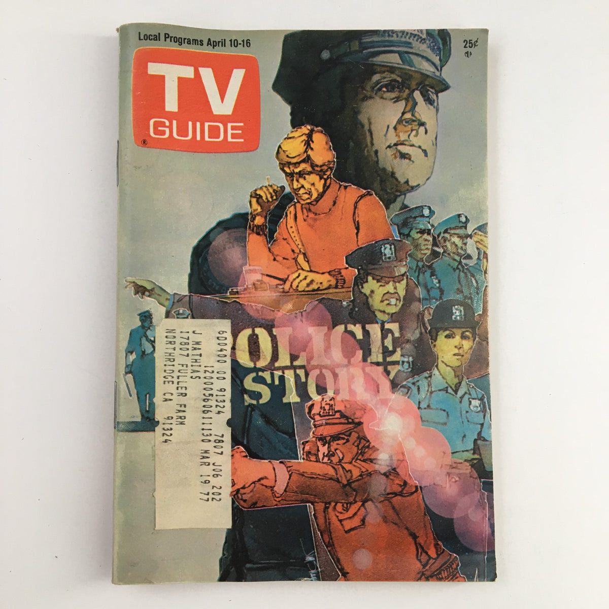 Cover of TV Guide Magazine April 10, 1976 featuring 'Police Story' by Jim Sharpe, showcasing colorful illustrations of police characters and vintage design elements, significant for collectors of classic television.