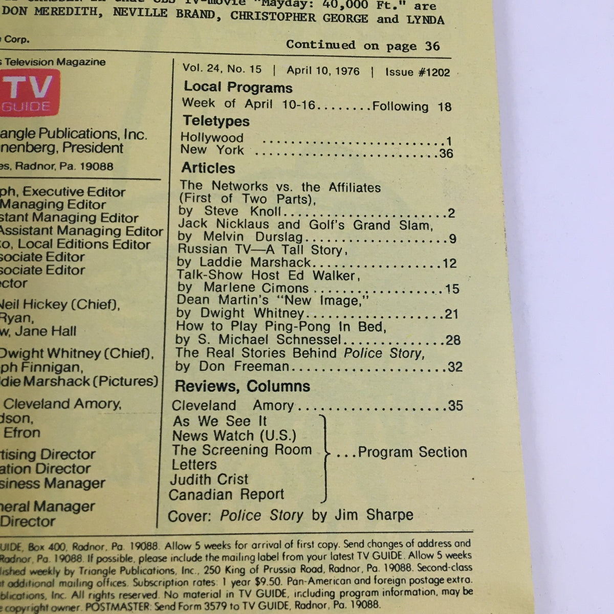 Inside page of TV Guide Magazine April 10, 1976, detailing articles and features, including 'Police Story' by Jim Sharpe, reflecting the television landscape of the 1970s with a focus on classic shows.