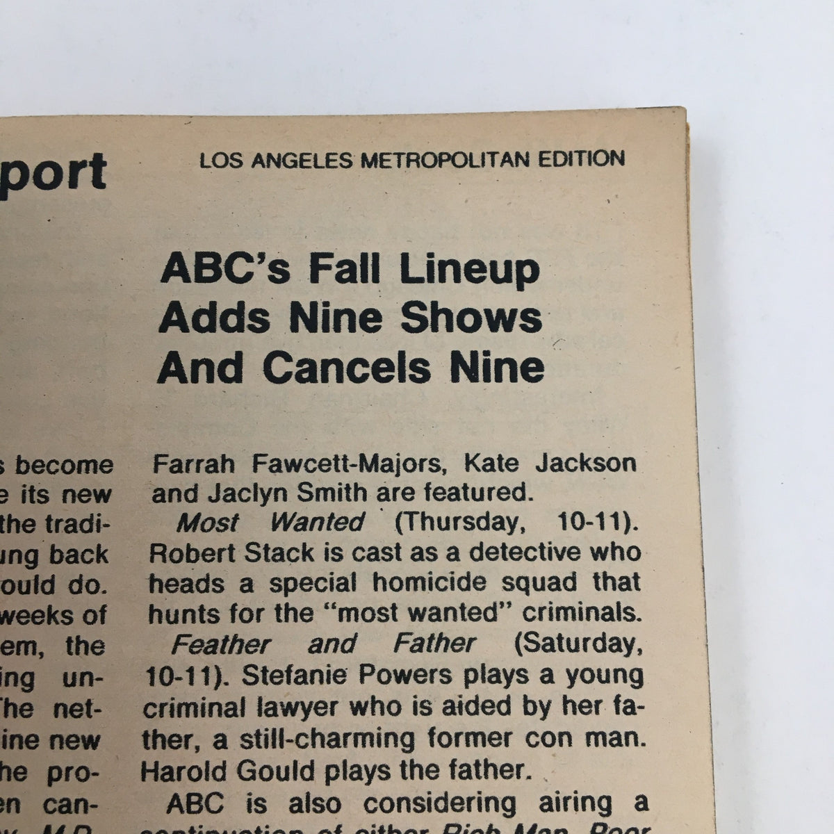 Page from TV Guide Magazine April 10, 1976 featuring the ABC Fall Lineup with details about shows added and canceled, including highlights on 'Most Wanted' starring Robert Stack and 'Feather and Father' starring Stefanie Powers.
