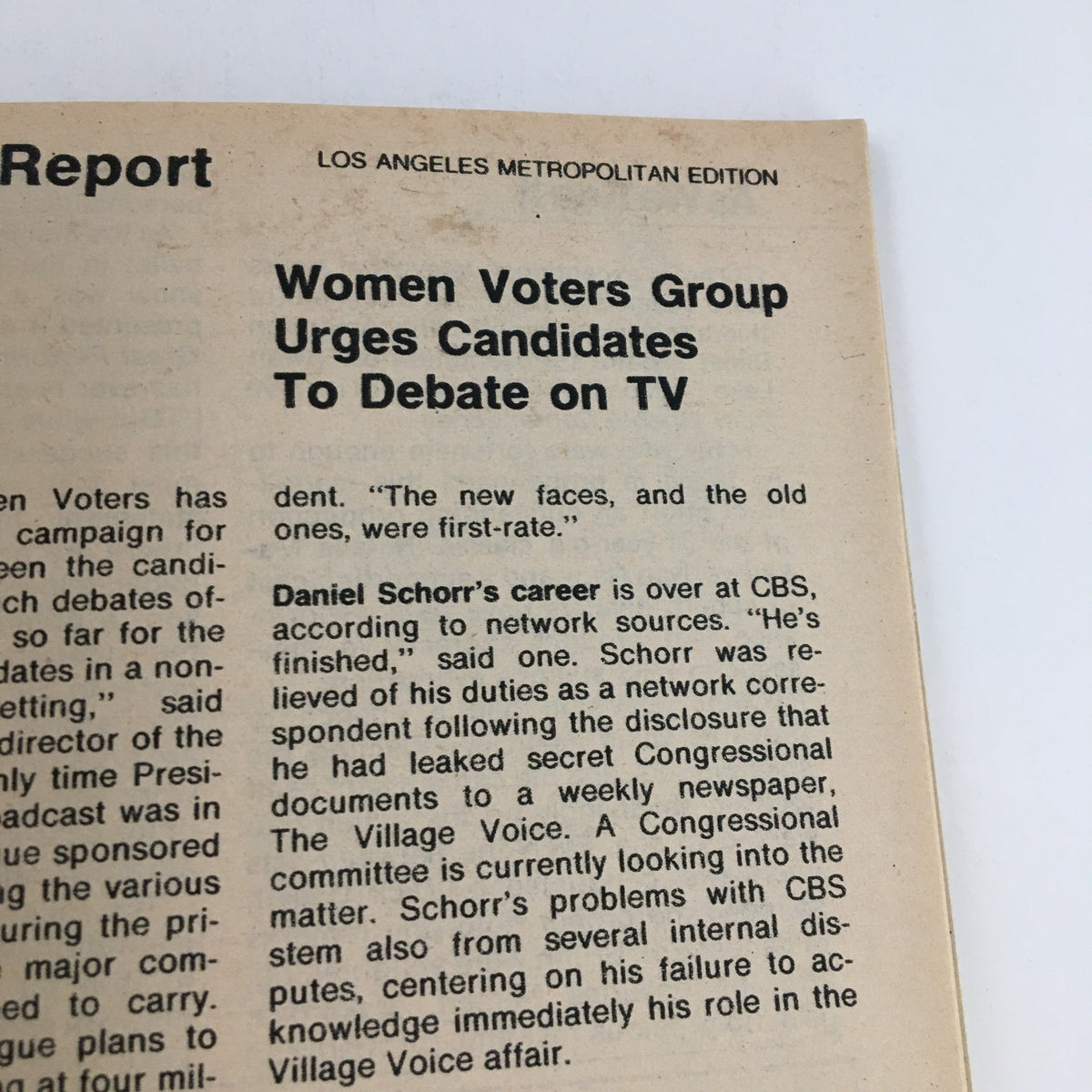 Article excerpt from TV Guide Magazine July 31, 1976, reporting on Women Voters Group urging candidates to debate on TV, reflecting societal issues of the era.