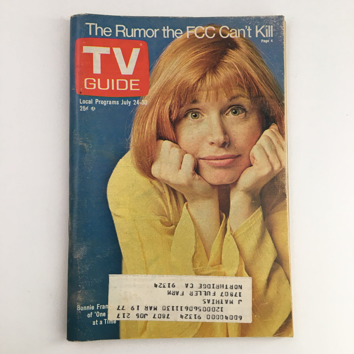 TV Guide Magazine July 24 1976 featuring Bonnie Franklin on the cover, showcasing a classic vintage design and retro appeal with notable wear and an address label.