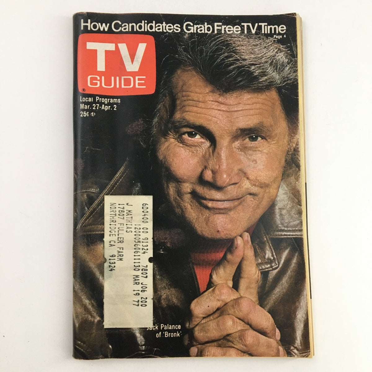 Cover of TV Guide Magazine March 27 1976 featuring Jack Palance, celebrated actor known for his role in Bronk, with the magazine's logo and details about local programs.