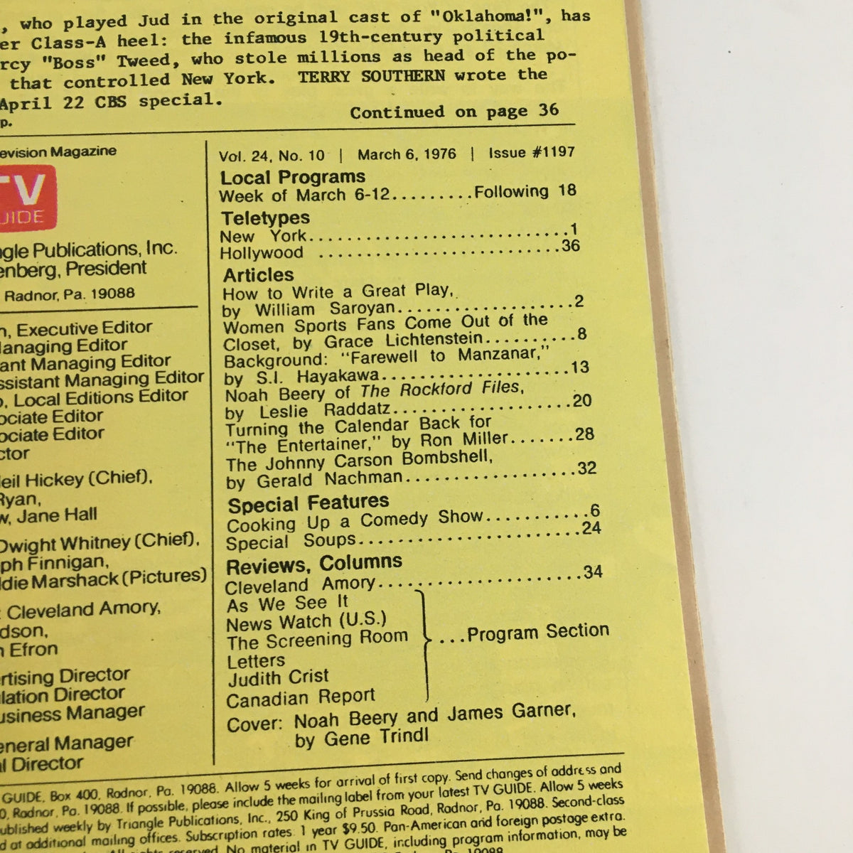 Inside page of TV Guide Magazine March 6, 1976, displaying articles, features, and a table of contents, highlighting Noah Beery and James Garner.