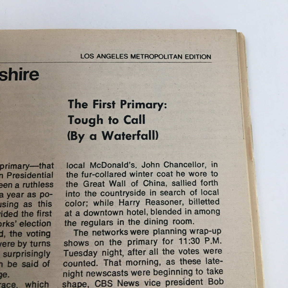 Interior page of TV Guide Magazine March 6 1976 featuring an article titled 'The First Primary: Tough to Call (By a Waterfall)' with text discussing the presidential election and news coverage during that era.