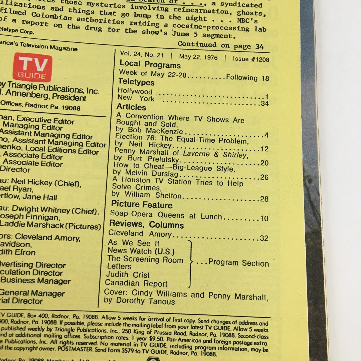 Interior page from TV Guide Magazine May 22, 1976 detailing local programs and articles, highlighting Cindy Williams and Penny Marshall on the cover.