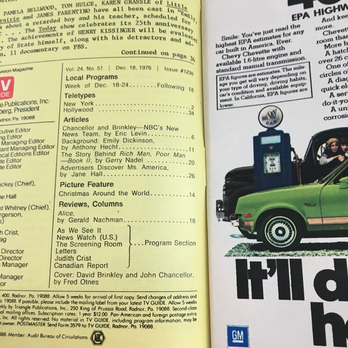 Page from TV Guide Magazine December 18 1976 featuring David Brinkley and John Chancellor with details on local programs and articles about television history.