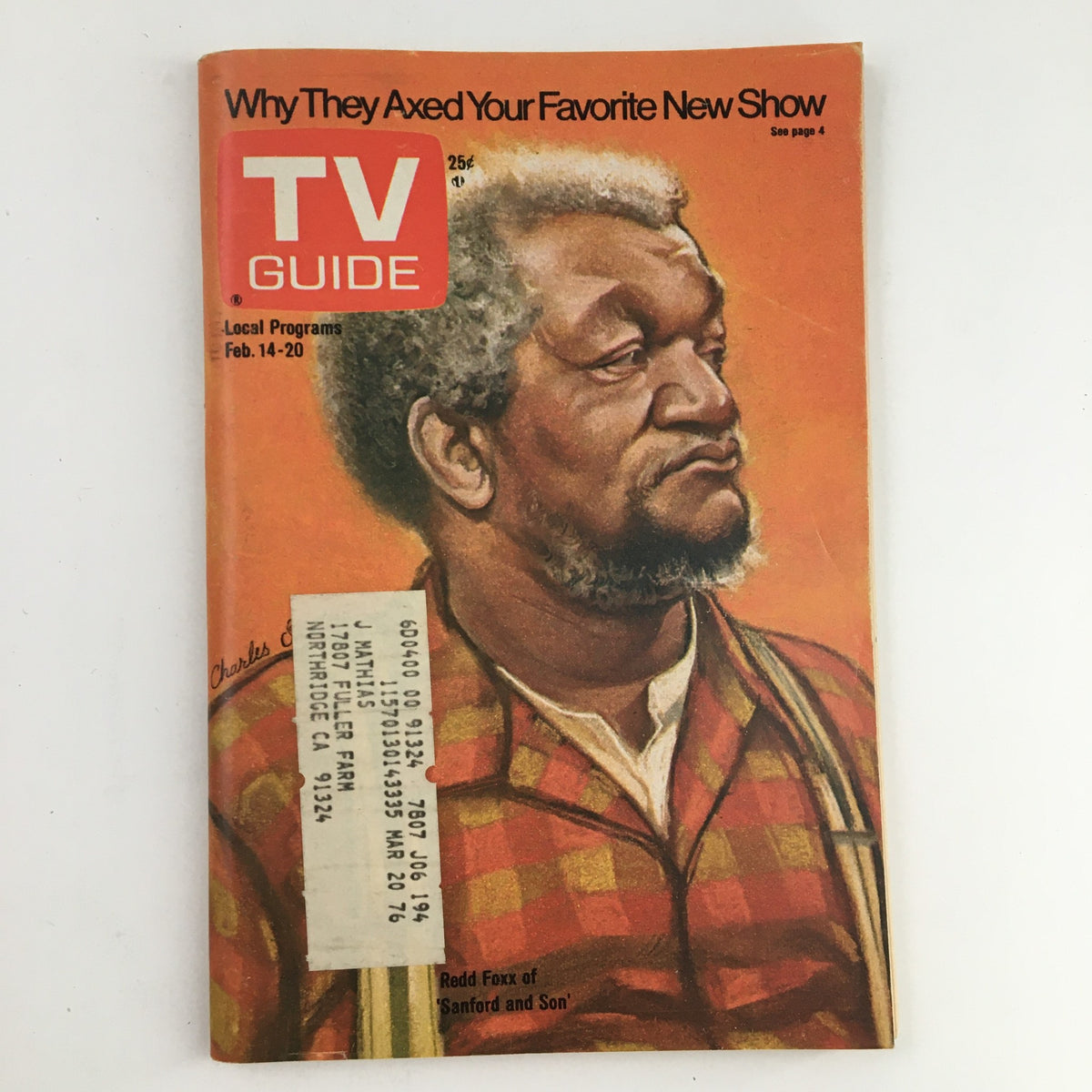 Cover of TV Guide Magazine February 14 1976 featuring Redd Foxx of Sanford and Son, showcasing his iconic portrayal with a colorful illustration and a prominent title.