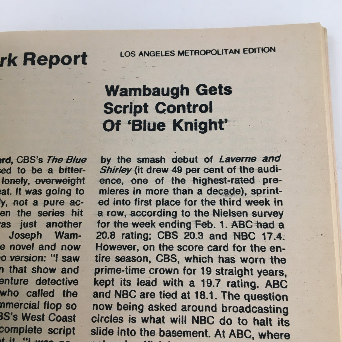 Page from TV Guide Magazine February 14 1976 featuring an article titled 'Wambaugh Gets Script Control Of Blue Knight' with industry news about television ratings and programming, part of the L.A. Edition that showcases the entertainment landscape of the 1970s.
