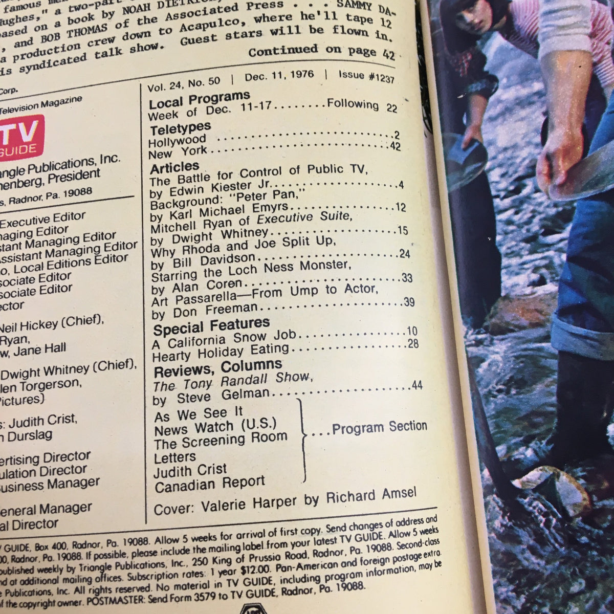 Inside page of TV Guide Magazine December 11, 1976, with article headings and details including Valerie Harper's cover mention, reflecting the layout and design of 1970s magazines.