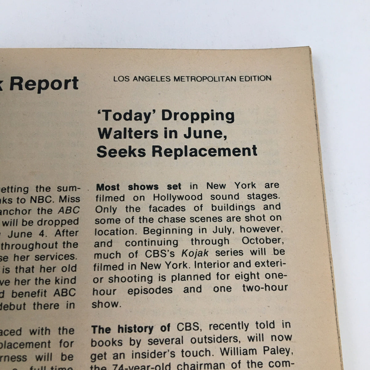 The front interior page of the TV Guide Magazine May 15, 1976, reporting on programming changes for the CBS network, including a note about Barbara Walters and the filming locations of television shows. A reflection of television industry dynamics during the 1970s.