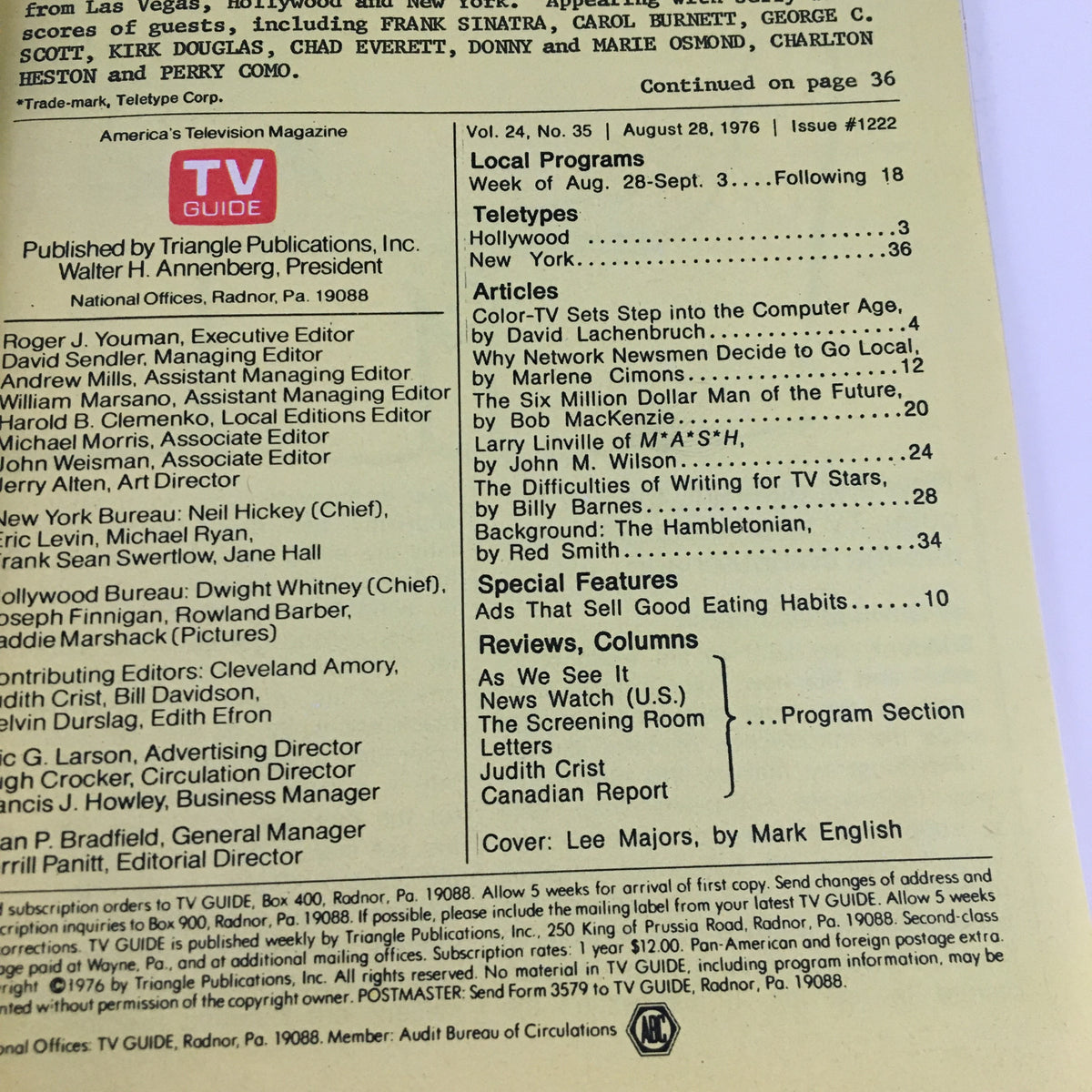 Back cover of TV Guide Magazine dated August 28, 1976, listing articles and features, with Lee Majors as the cover star.